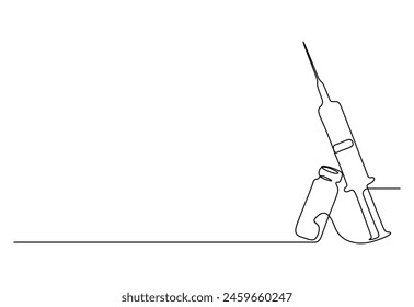 One continuous line drawing of medical syringe and vial simple illustration of vaccine and injection syringe vector illustration 