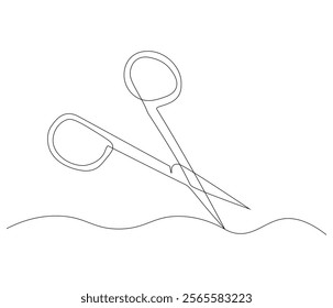 One continuous line drawing of medical scissors . Single line of medical scissors vector illustration

