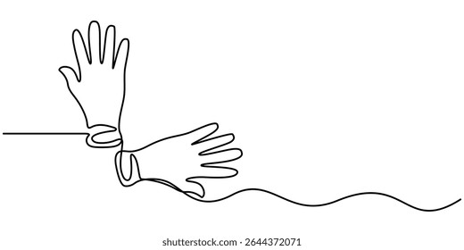 Um desenho de linha contínua de luvas médicas. ilustração de vetor, luvas de proteção médica desenho de vetor de uma linha contínua. Fundo branco isolado, suprimentos de higiene, luva cirúrgica médica.