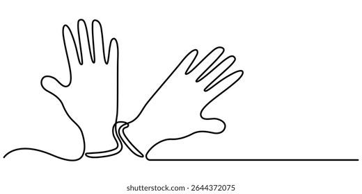 Um desenho de linha contínua de luvas médicas. ilustração de vetor, luvas de proteção médica desenho de vetor de uma linha contínua. Fundo branco isolado, suprimentos de higiene, luva cirúrgica médica.