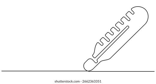 One continuous line drawing of medical thermometer. single line of medical thermometer drawing.  medical thermometer illustration. Editable outline. 