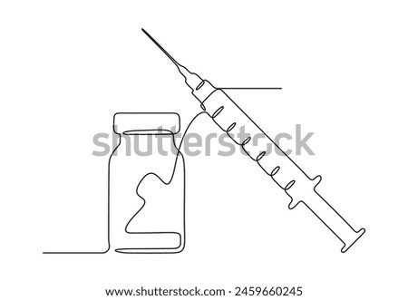 One continuous line drawing of medical syringe and vial simple illustration of vaccine and injection syringe vector illustration 