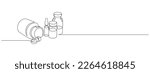 One continuous line drawing of medicine set with pills. Pharmaceutical components and capsules in container with drugs symbols in simple linear style. Editable stroke. Contour vector illustration