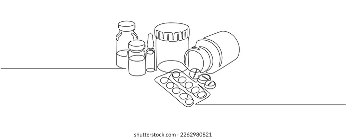 One continuous line drawing of medicine set with pills. Pharmaceutical components and capsules in a blister pack with drug symbols in a simple linear style. Editable stroke. Doodle vector illustration