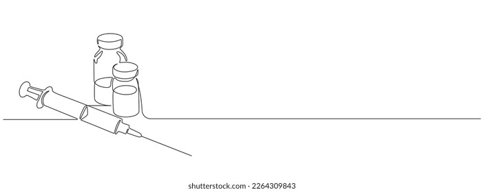 One continuous line drawing of medicine set with syringe and vial. Pharmaceutical components and vaccine symbol in simple linear style. Editable stroke. Doodle contour vector illustration