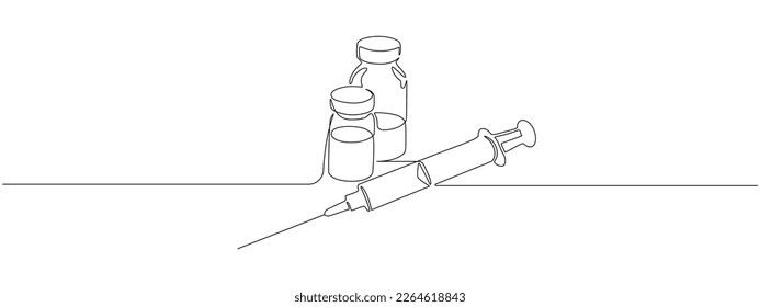 One continuous line drawing of medicine set with syringe and vial. Pharmaceutical components and vaccine symbol in a simple linear style. Editable stroke. Doodle outline vector illustration