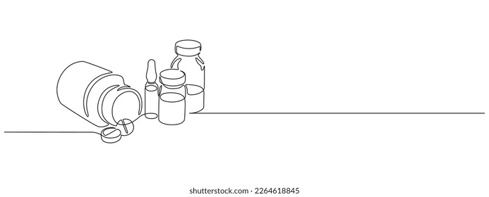 One continuous line drawing medicine set and pills  Pharmaceutical components   capsules in container and drugs symbols in simple linear style  Editable stroke  Contour vector illustration