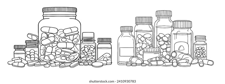 One continuous line drawing of medicine set with pills. Outline of isolated on white background. Monochrome vector illustration.