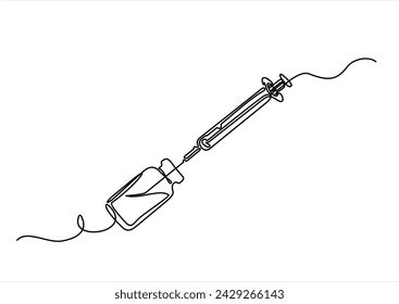One continuous line drawing of medicine of syringe and vial. Pharmaceutical components and vaccine symbol in a simple linear style. Doodle outline vector illustration