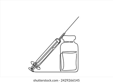One continuous line drawing of medicine of syringe and vial. Pharmaceutical components and vaccine symbol in a simple linear style. Doodle outline vector illustration