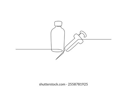 One continuous line drawing of medicine set with syringe and vial, Doodle contour vector illustration. One continuous line drawing of medicine set with syringe and vial. Pharmaceutical components.