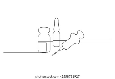 One continuous line drawing of medicine set with syringe and vial, Doodle contour vector illustration. One continuous line drawing of medicine set with syringe and vial. Pharmaceutical components.