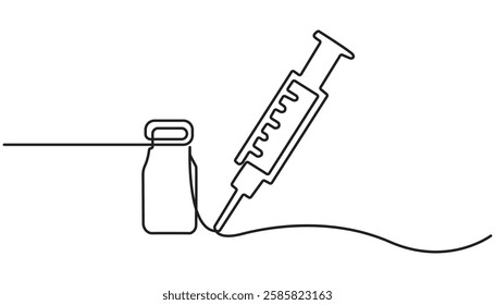 One continuous line drawing of medicine set with syringe and vial. Pharmaceutical components and vaccine symbol in a simple linear style.