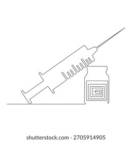 Una línea continua que dibuja del sistema de la medicina con la jeringuilla y el vial, Ilustración vectorial farmacéutica