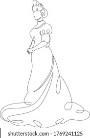 One continuous line drawing drawing of a medieval monarch. Historical european princess or queen. Single line hand drawn art doodle outline isolated.  Flat minimal illustration cartoon character.