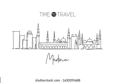 One continuous line drawing of Medina city skyline, Saudi Arabia. Beautiful landmark wall decor poster art. World landscape tourism travel vacation. Stylish single line draw design vector illustration