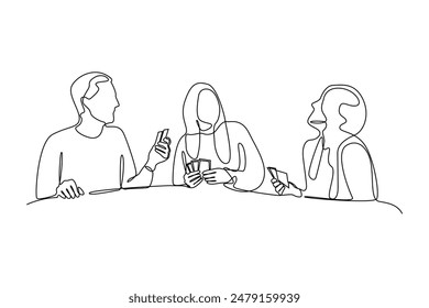 One continuous line drawing of meeting old friends while playing cards. Frienship, meet up, gathering. simple line.