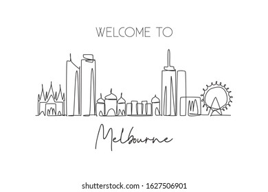 One continuous line drawing of Melbourne city skyline, Australia. Beautiful landmark. World landscape tourism and travel vacation. Editable stylish stroke single line draw design vector illustration