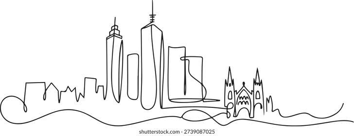 One continuous line drawing of Melbourne city skyline, Australia. Beautiful landmark. World landscape tourism and travel vacation. one line Icon drawing
