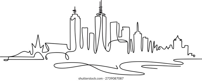 One continuous line drawing of Melbourne city skyline, Australia. Beautiful landmark. World landscape tourism and travel vacation. one line Icon drawing
