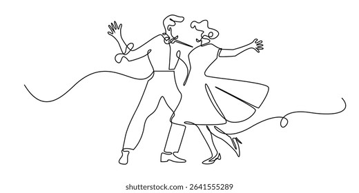 one continuous line drawing of men and women dancing in traditional costumes.single line vector illustration sign for party,festival,dance studio