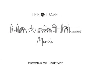 One continuous line drawing Merida city skyline, Mexico. Beautiful landmark postcard print. World landscape tourism travel vacation. Editable stylish stroke single line draw design vector illustration