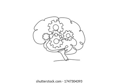 One continuous line drawing of metal round wheel gear inside human brain for company logo icon. Smart machine logotype symbol template concept. Trendy single line draw design vector illustration