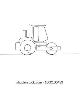 One continuous line drawing of metal roller vehicle for paving the road, commercial vehicle. Heavy construction trucks equipment concept. Dynamic single line draw design vector graphic illustration