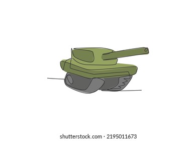 One continuous line drawing of metal war tank with cannon gun. Transportation vehicle concept. Dynamic single line draw design graphic vector illustration