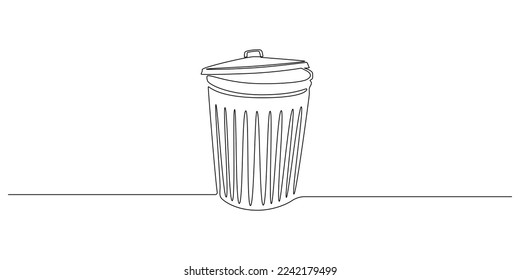 One continuous line drawing of metallic garbage container. Recycling waste dustbin in simple linear style. Trash box with close lid and empty space in editable stroke. Doodle vector illustration