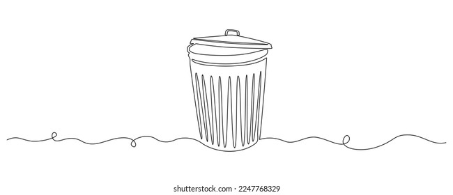 One continuous line drawing of metallic garbage container. Recycling waste dustbin in simple linear style. Trash box with opened lid and empty space in editable stroke. Doodle vector illustration