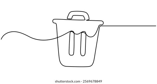 One continuous line drawing of metallic garbage container. Recycling waste dustbin in simple linear style. Trash box with opened, Continuous line drawing Trash can icon concept