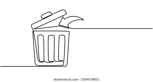 One continuous line drawing of metallic garbage container. Recycling waste dustbin in simple linear style. Trash box with opened, Continuous line drawing Trash can icon concept