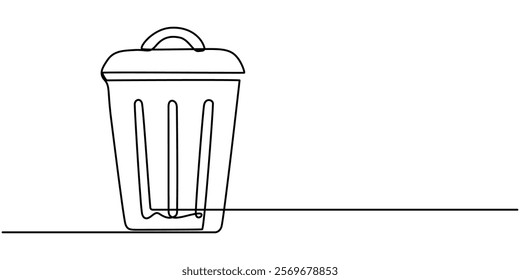 One continuous line drawing of metallic garbage container. Recycling waste dustbin in simple linear style. Trash box with opened, Continuous line drawing Trash can icon concept