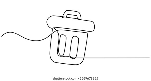 One continuous line drawing of metallic garbage container. Recycling waste dustbin in simple linear style. Trash box with opened, Continuous line drawing Trash can icon concept