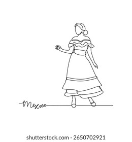 One continuous line drawing of Mexico signature themes design vector illustration. Mexico national clothes in simple linear style vector design concept. Good design for tourism and travel campaign.