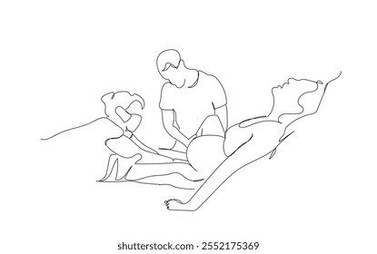 One continuous line drawing of a midwife feels the belly of a pregnant woman. Examination of a woman in labor in late pregnancy. International Day of the Midwives. Hand made vector not AI.
