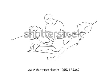 One continuous line drawing of a midwife feels the belly of a pregnant woman. Examination of a woman in labor in late pregnancy. International Day of the Midwives. Hand made vector not AI.
