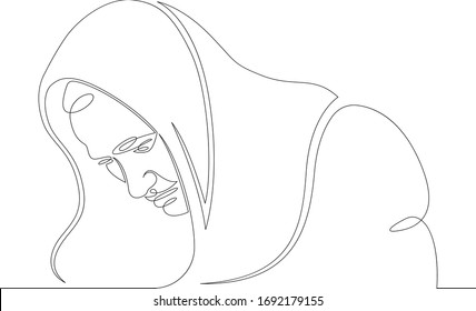 Un contínuo dibujo de un hombre musulmán africano migrante con una manta en la cabeza, una capucha. Dibujo de caricaturas mínimo aislado, plano