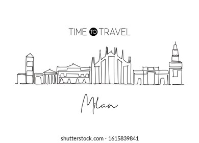 One continuous line drawing of Milan city skyline, Italy. Beautiful skyscraper. World landscape tourism travel vacation wall decor poster concept. Stylish single line draw design vector illustration