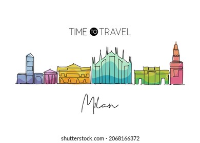 One continuous line drawing of Milan city skyline, Italy. Beautiful skyscraper. World landscape tourism travel vacation wall decor poster concept. Stylish single line draw design vector illustration