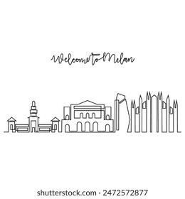 One continuous line drawing of Milan skyline vector illustration. Modern city in Europe in simple linear style vector design concept. One of big city in Italy. Iconic architectural building design.