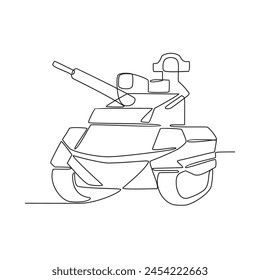 One continuous line drawing of Military vehicle vector illustration. Military transportation design in simple linear style concept. Non coloring military vehicle design concept vector illustration.