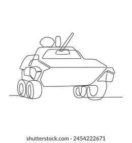 One continuous line drawing of Military vehicle vector illustration. Military transportation design in simple linear style concept. Non coloring military vehicle design concept vector illustration.