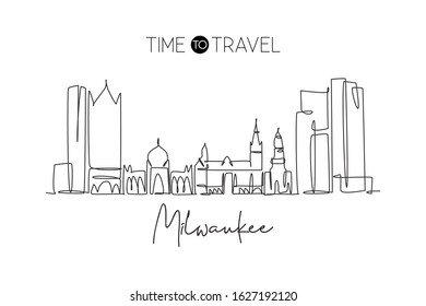 One continuous line drawing of Milwaukee city skyline, United States. Beautiful landmark. World landscape tourism and travel poster. Editable stylish stroke single line draw design vector illustration