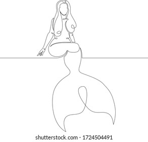 One continuous line drawing minimal beautiful mermaid is sitting on the shore .Single hand drawn art line doodle outline isolated.