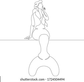 One continuous line drawing minimal beautiful mermaid is sitting on the shore .Single hand drawn art line doodle outline isolated.