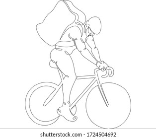 One continuous line drawing minimal courier on a bicycle, food delivery, mail .Single hand drawn art line doodle outline isolated.