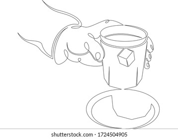 One continuous line drawing minimal hand holds a glass with alcohol and ice .Single hand drawn art line doodle outline isolated.