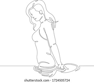 Una línea continua dibujando una mínima y hermosa chica en el agua hasta su cintura, reflexión femenina. Eslabón de doodle de una sola mano dibujado a mano aislado.